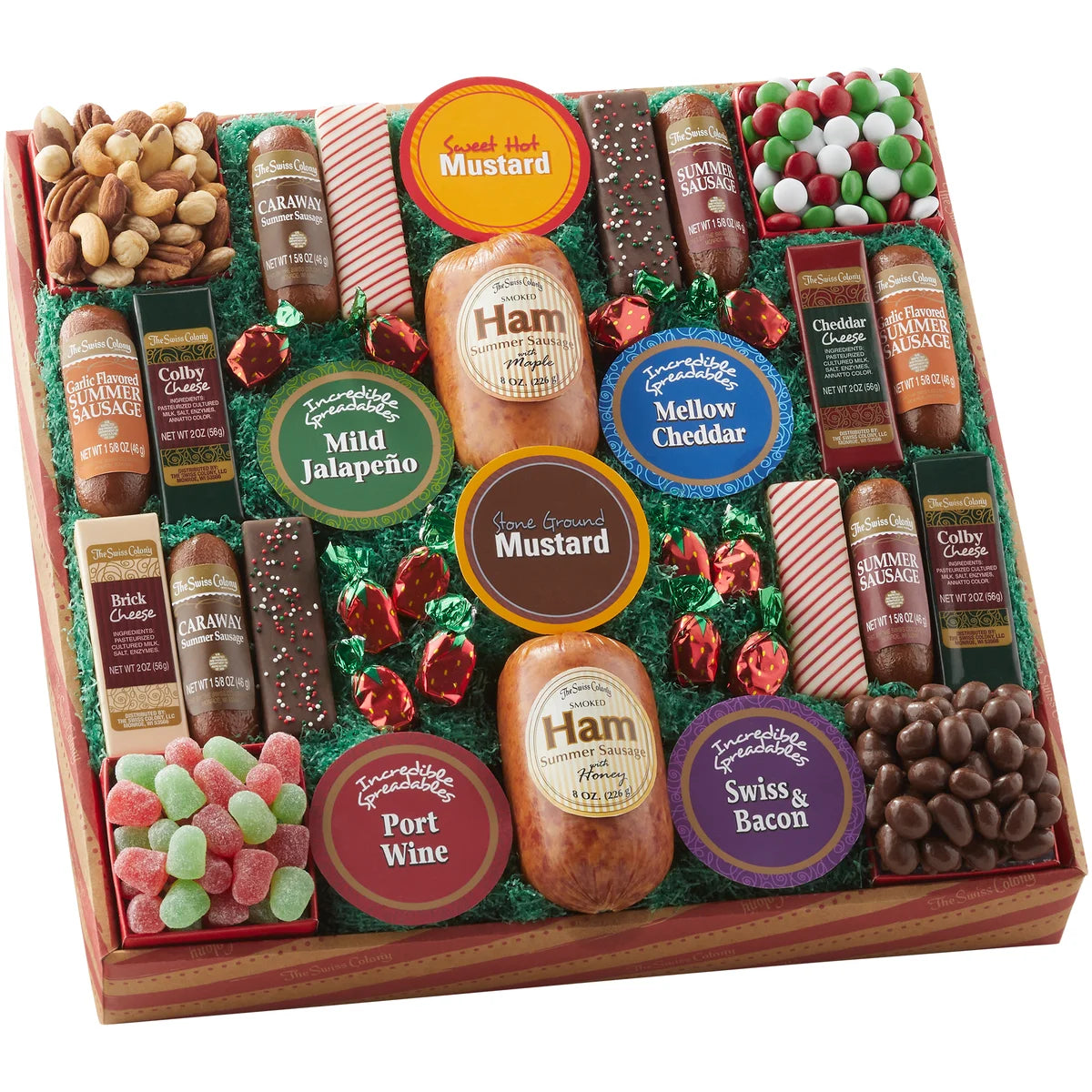 Assorted Holiday Treats with Ham Summer Sausages, Chocolates, Cheese Bars and Logs, and Candy Q434384