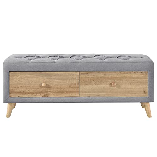 Gray Upholstered Wooden Storage Ottoman Bench with 2 Drawers V2747