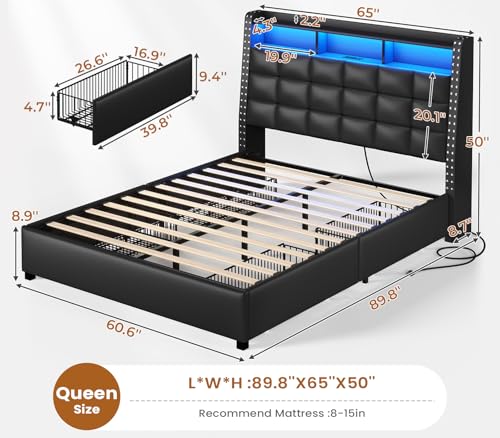 Gray Queen Bed Frame with Storage Headboard and 4 Drawers T60505
