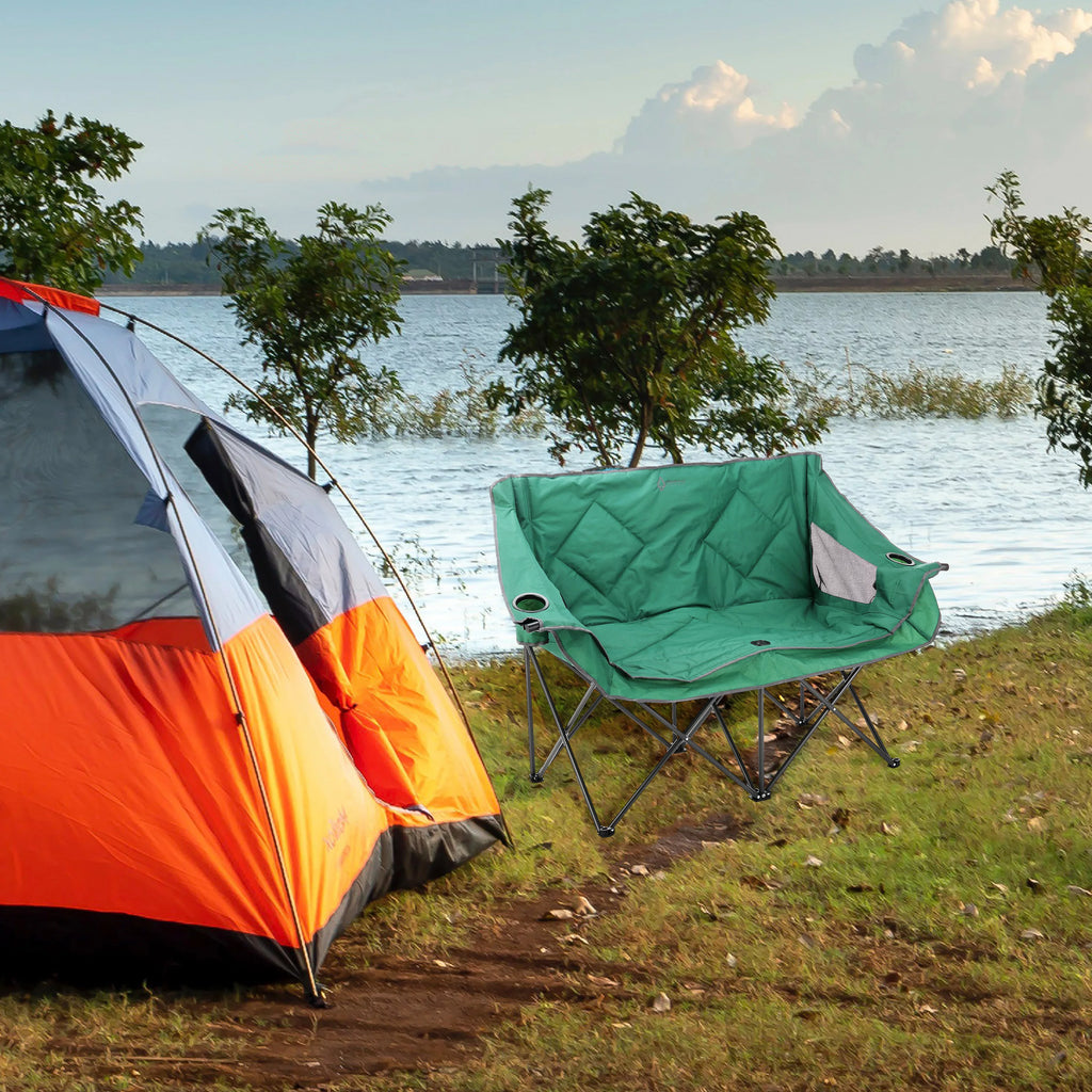 Green Portable Folding Double Camping Chair Loveseat with Carrying Bag E1756